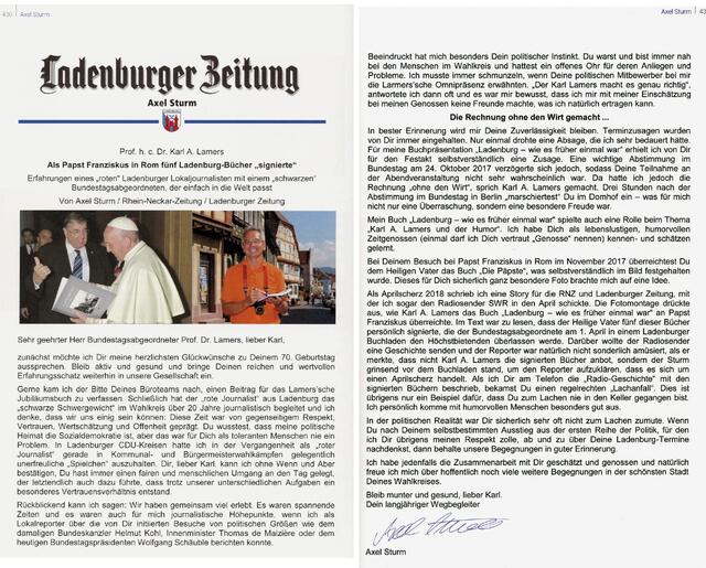 Natürlich ist auch die Ladenburger Zeitung mit einer Grußadresse von Axel Sturm im Lamer'schen Geburtstagsbuch vertreten.