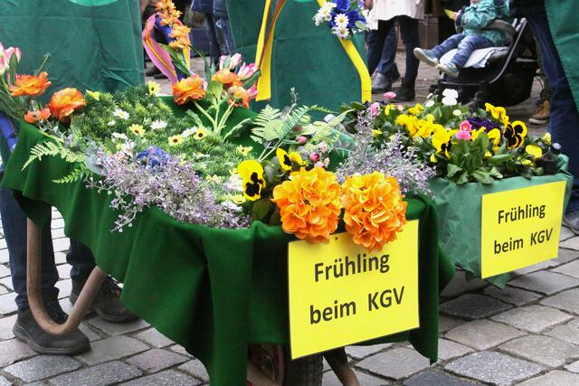 Mit Blumenpracht auf Schubkarren grüßte der Kleingartenverein.