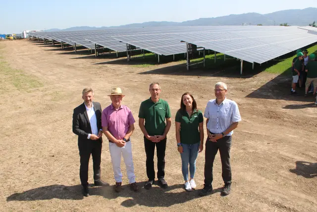 Bei der Vorstellung des Ladenburger Solarparks freuten sich die Projektbeteiligten: Bürgermeister Stefan Schmutz, Investor Jürgen Herbert, Ingenia Geschäftsführer Ralf Stier, die Projektleiterin Isabella Henssen und der stellv. Landrat Stefan Hildebrandt (von links nach rechts). 