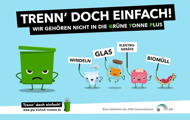 Mit der im Jahr 2021 ins Leben gerufenen Informationskampagne „Trenn‘ doch einfach“ wollen die AVR Unternehmen gemeinsam die Bevölkerung des Rhein-Neckar-Kreises über die richtige Mülltrennung informieren und über den korrekten Umgang mit der Grünen Tonne plus aufklären.