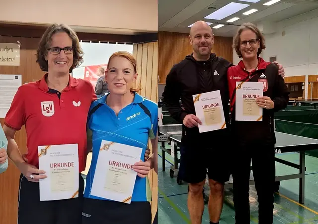 Das Wochenende wird Felix Gramlich noch lang in bester Erinnerung bleiben. Neben dem Sieg mit seiner Mannschaft LSV IV gewann er bei den Badischen Seniorenmeisterschaften sowohl den Doppel-Titel im Mixed mit Ulrike Piepereit (links) als auch den Doppel-Titel in der Herrenkonkurrenz mit Rüdiger von Hain.