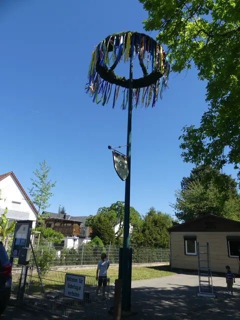 Der Maibaum steht in der Siedlung.