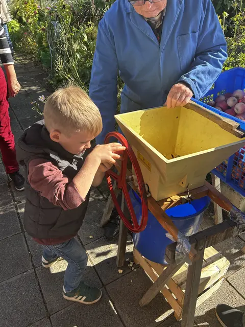 Mit viel Kraft ging es an das Pressen von frischem Apfelsaft. | Foto: Schatz
